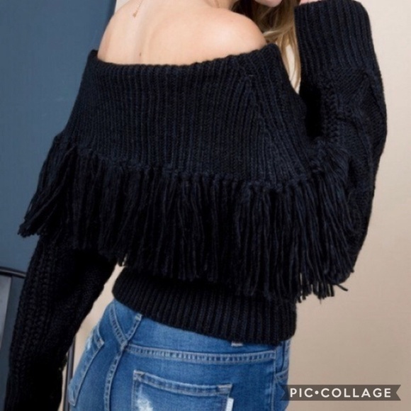SALE!! Black Off The Shoulders Sweater w/Fringes - Picture 2 of 3